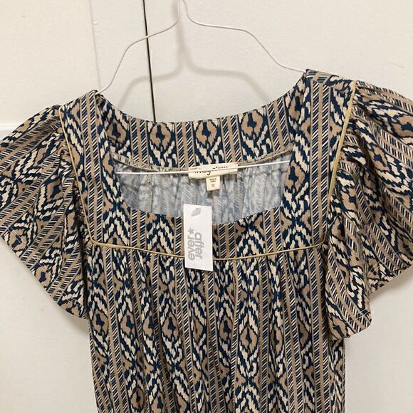 Imoga Pima NWT Organic Cotton Midi Shift Dress in Tan/Navy Ikat Print. Size 12. - Picture 3 of 7